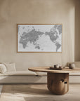 Plakat - Pacific centered world map in gray watercolor