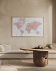 Plakat - Pink watercolor world map with cities, Alheli