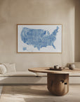 Poster - Blue watercolor map of the USA with states and state capitals