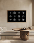 Poster - Twelve geometric snowflakes in black