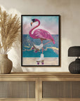 Poster - Flamingo rollerskating on the beach