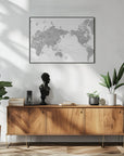Plakat - Pacific centered world map in gray watercolor