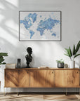 Plakat - Blue watercolor world map with cities, Simeon