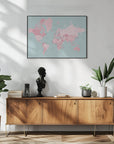Plakat - Pink and aqua world map with cities, Isobel