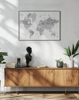 Poster - Grayscale watercolor world map with cities, Rylan