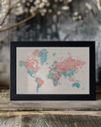 Plakat - Watercolor world map with cities, Charlotte