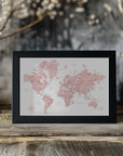 Plakat - Pink watercolor world map with cities, Alheli