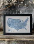 Poster - Blue watercolor map of the USA with states and state capitals