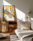 Plakat - California map with watercolor poppies
