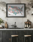 Plakat - Pink and teal watercolor map of the US