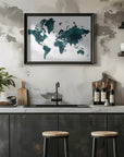 Poster - Dark teal world map with cities, Makani
