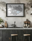 Plakat - Ísland - Iceland blank map in gray watercolor