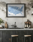 Poster - Blue watercolor map of the USA with states and state capitals
