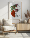 Plakat - Floral Stocking Happy holidays in white