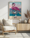 Poster - Flamingo rollerskating on the beach