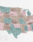 Plakat - Pink and teal watercolor map of the US