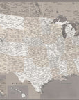 Poster - Highly detailed map of the United States, dark taupe