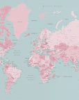 Plakat - Pink and aqua world map with cities, Isobel