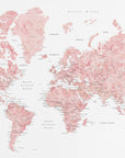 Plakat - Pink watercolor world map with cities, Alheli