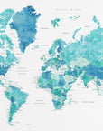 Plakat - Watercolor world map with cities, Uzziel