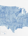 Poster - Blue watercolor map of the USA with states and state capitals