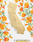 Plakat - California map with watercolor poppies