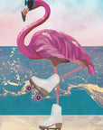 Poster - Flamingo rollerskating on the beach