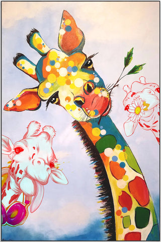 Plakat - Baby giraf og farverig mummy