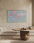 Plakat - Pink and aqua world map with cities, Isobel