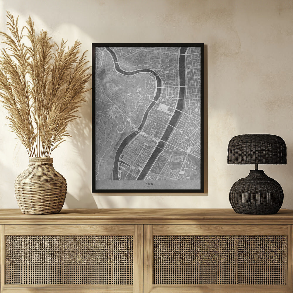 Plakat - Gray vintage map of Lyon downtown France