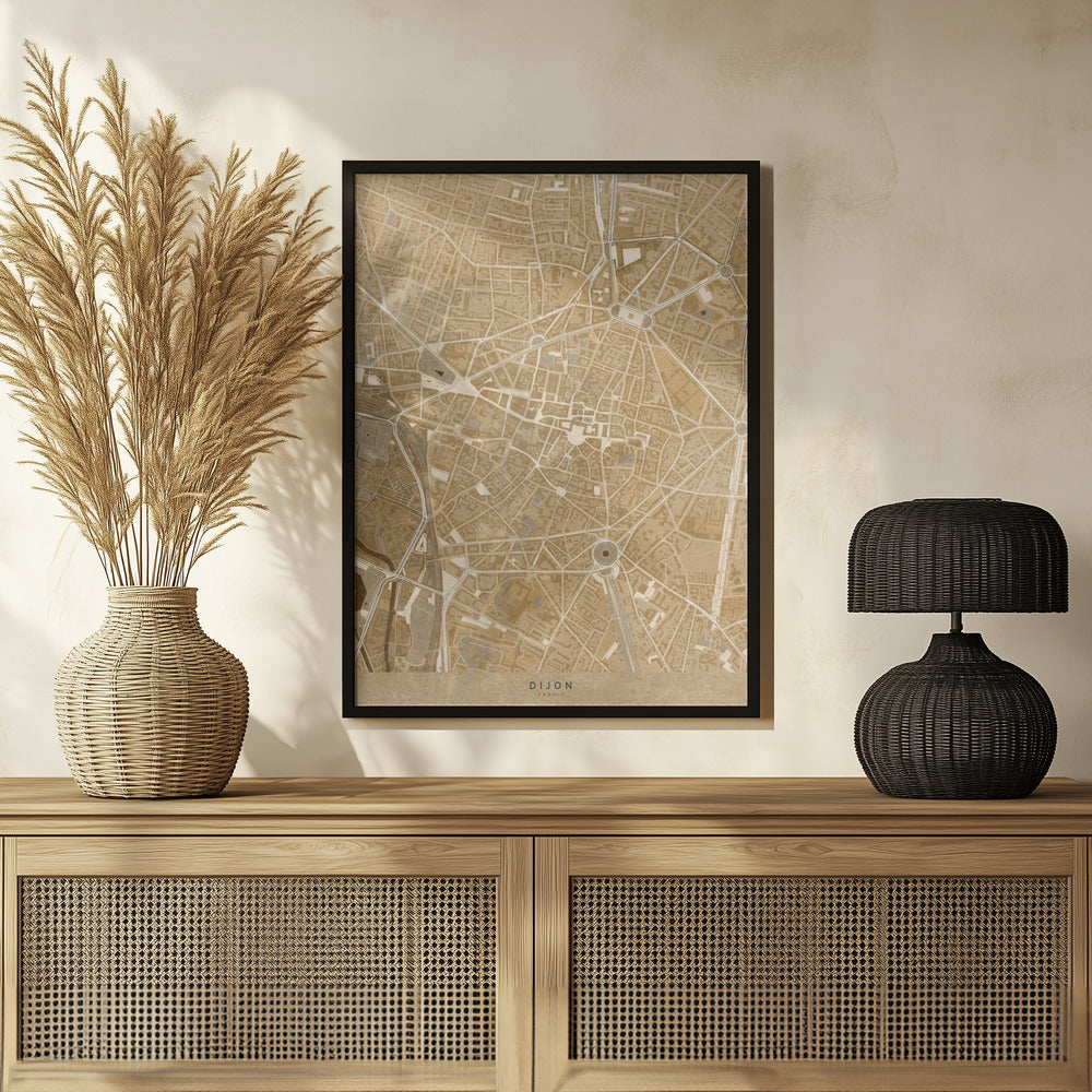 Plakat - Sepia vintage map of Dijon downtown France