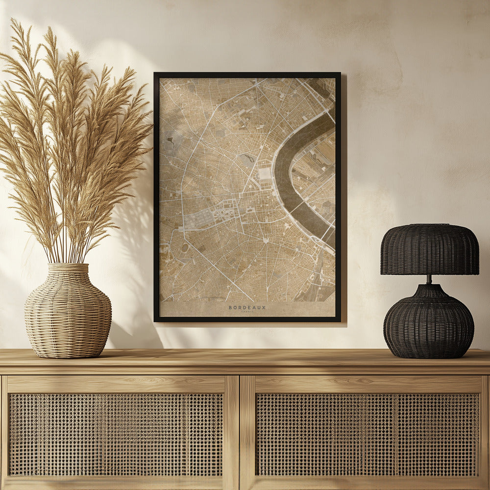 Plakat - Sepia vintage map of Bordeaux downtown France