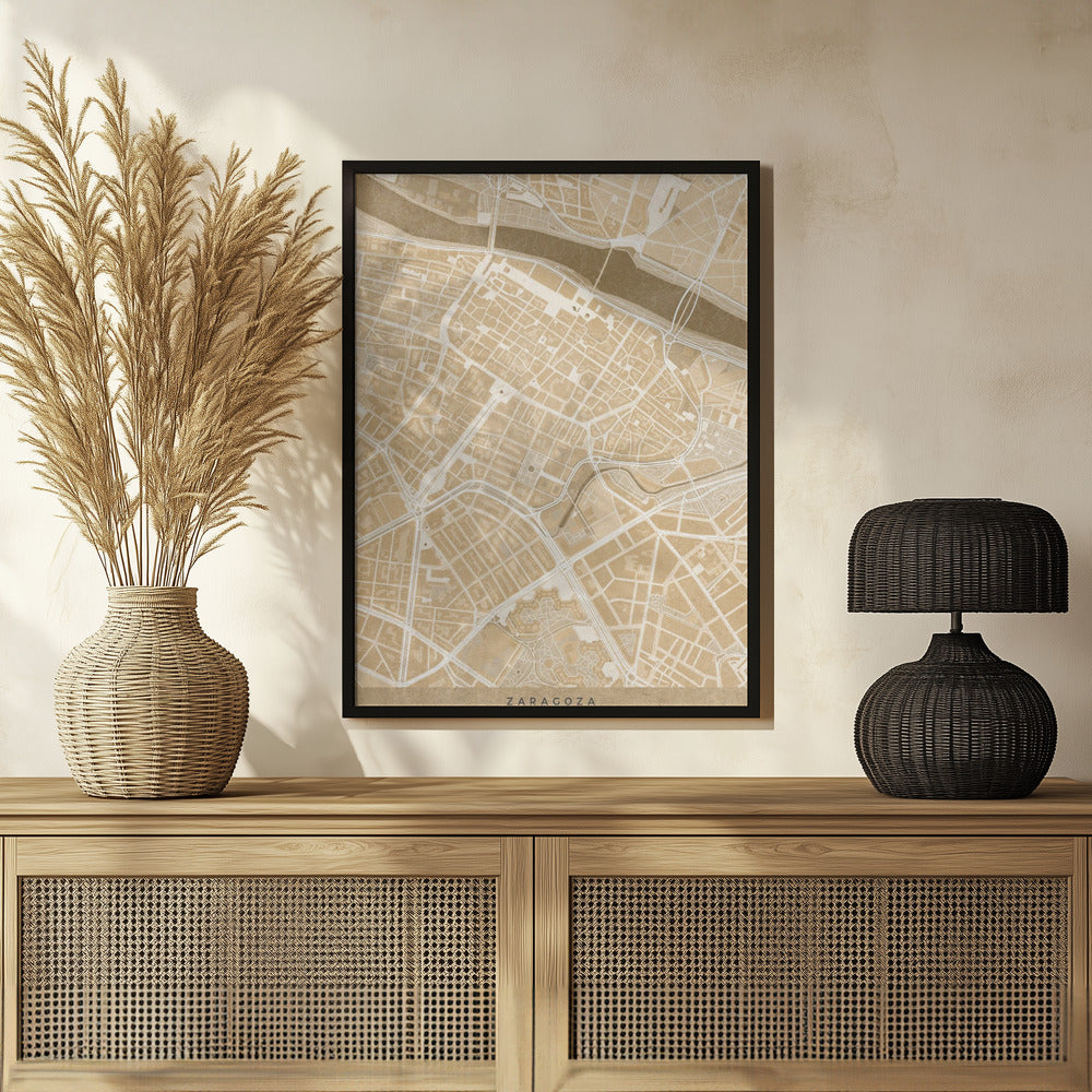 Poster - Map of Zaragoza downtown (Spain) in sepia vintage style