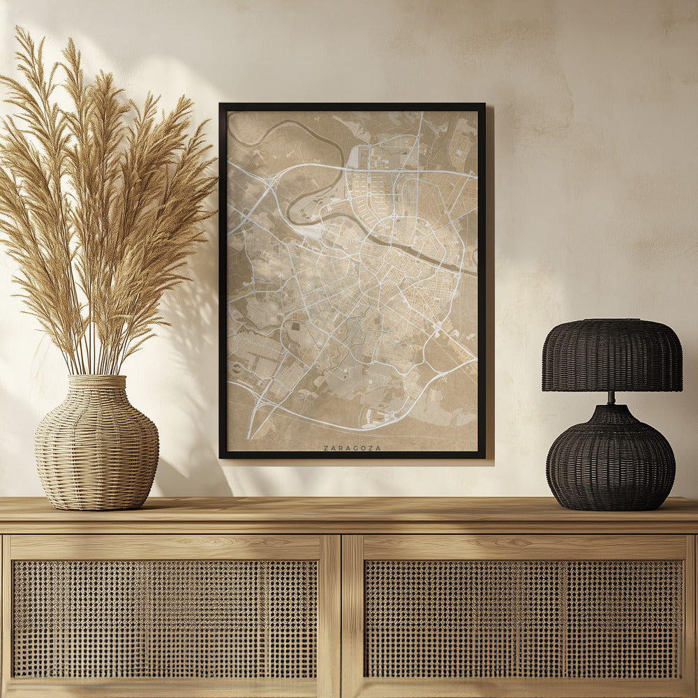 Poster - Map of Zaragoza (Spain) in sepia vintage style