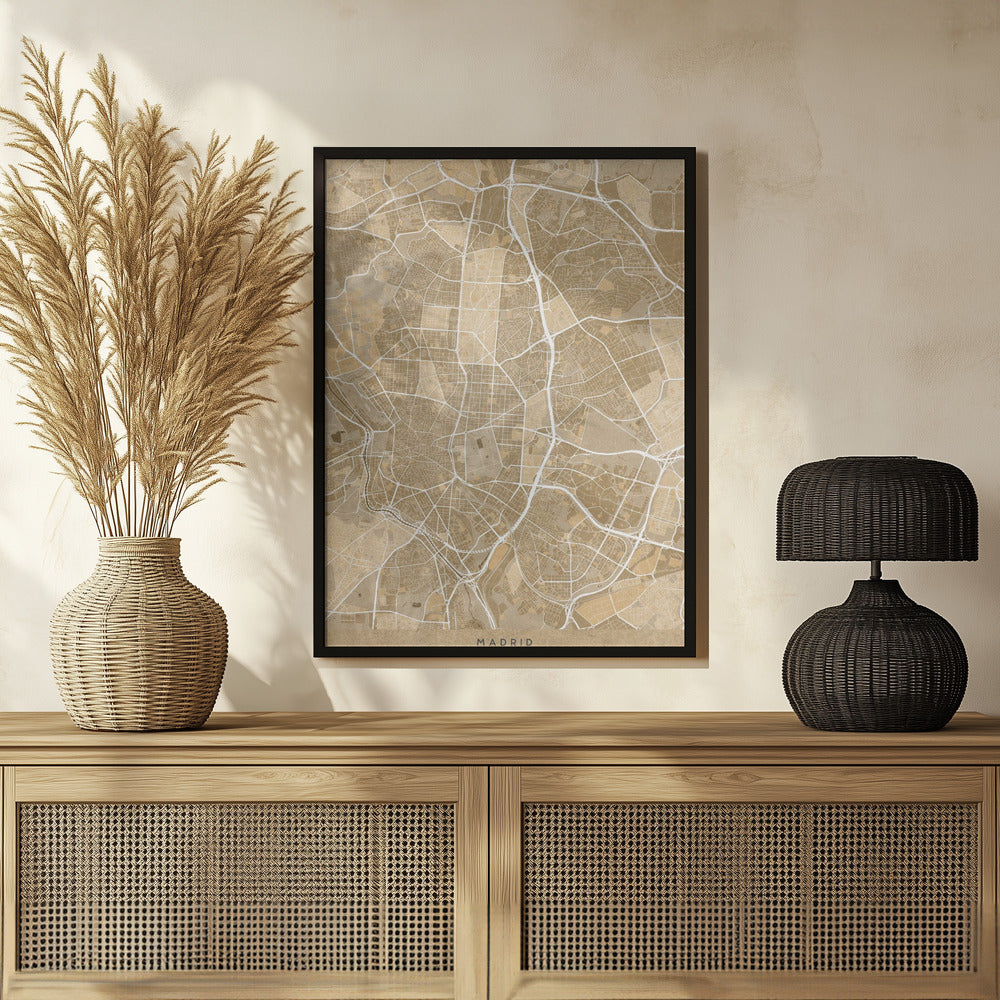 Plakat - Map of Madrid (Spain) in sepia vintage style