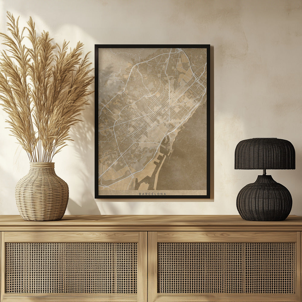 Poster - Map of Barcelona (Spain) in sepia vintage style
