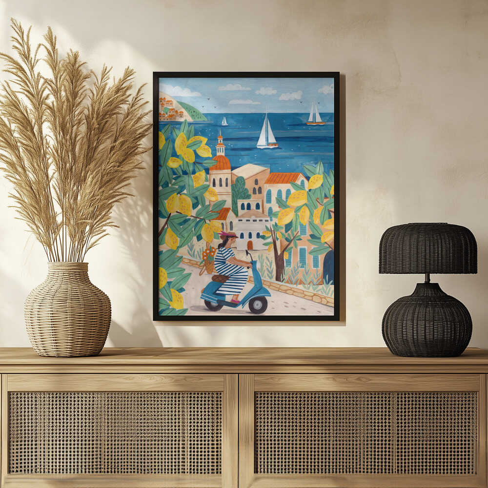 Plakat - Travel poster woman on the Amalfi coast, Italy