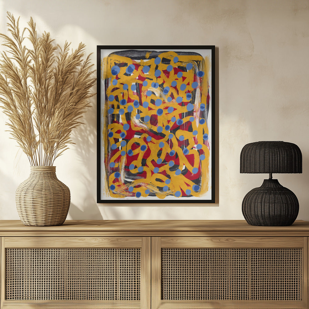 Poster - Yellow dotted line art abstract blue polka dot