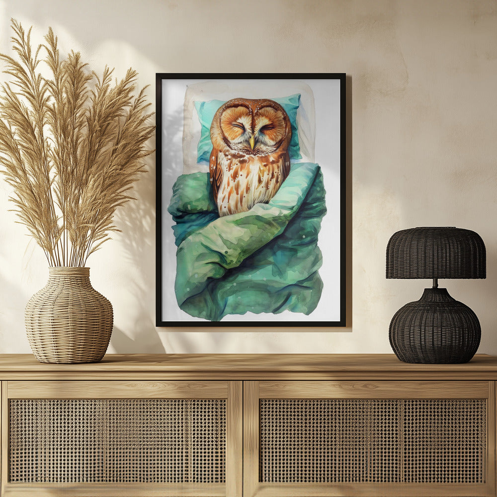 Plakat - Animal Watercolor Art Bird Sleeping Owl - Justyna Jaszke