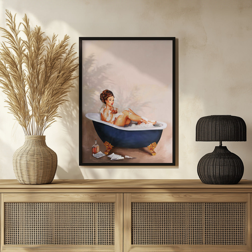 Poster - Bathtub Drinks: Pinup Girl Drinking In Bathroom