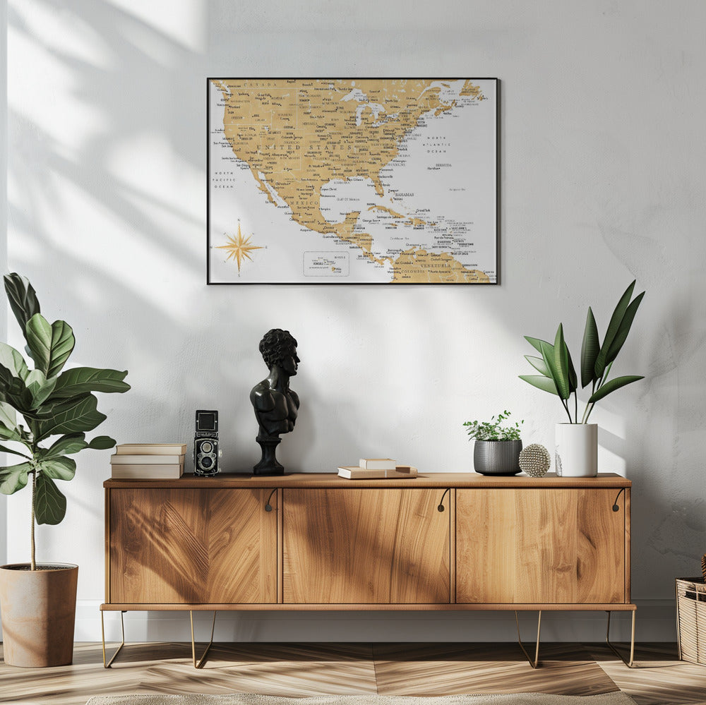 Plakat - Golden map of USA and Mexico