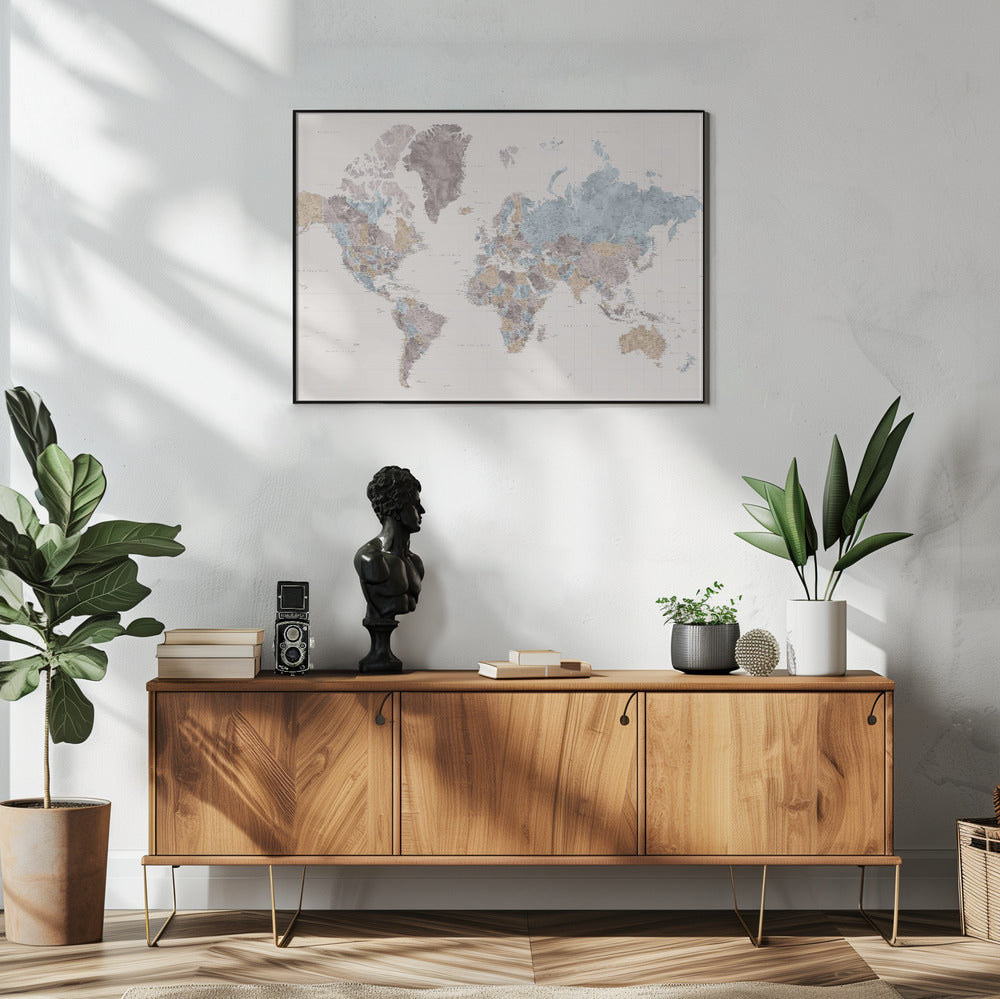 Plakat - Mahler highly detailed world map with cities