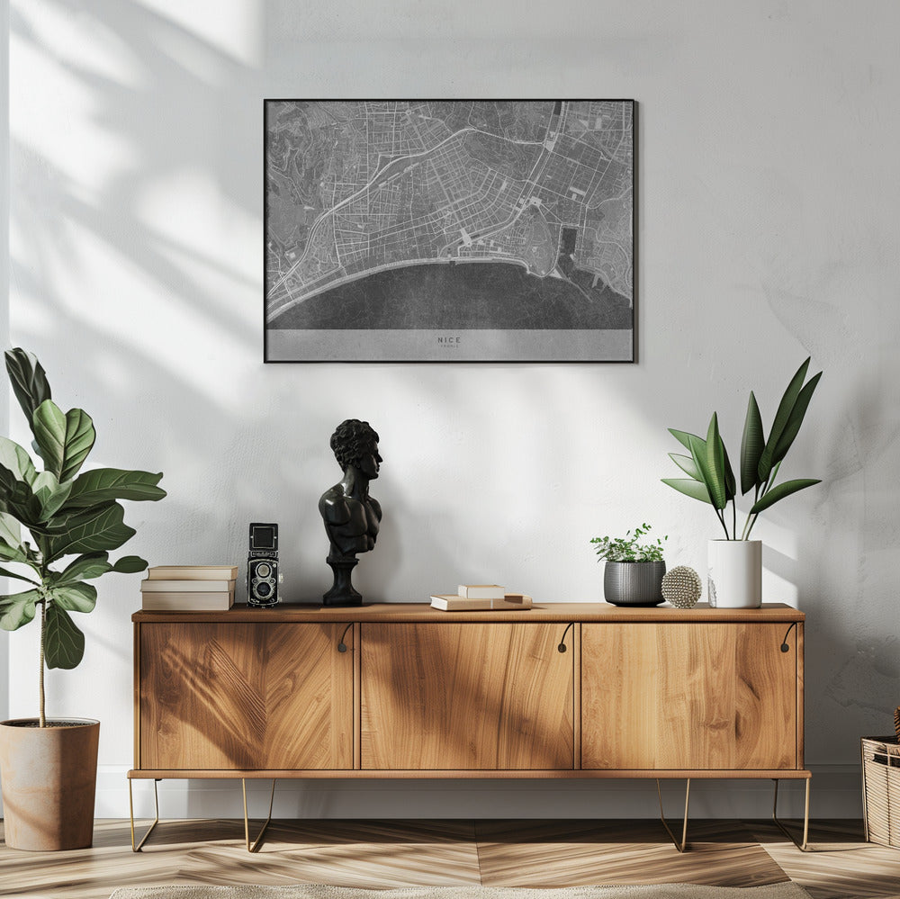 Poster - Gray vintage map of Nice downtown France