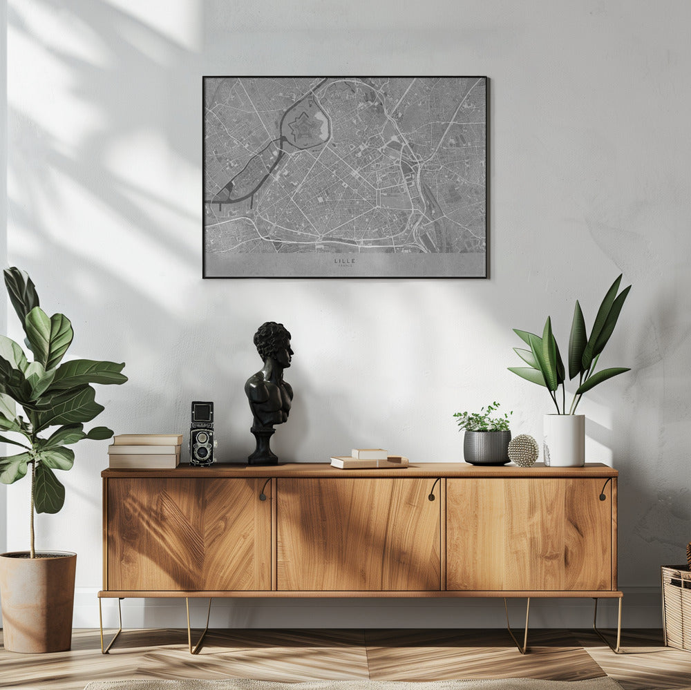 Plakat - Gray vintage map of Lille downtown France