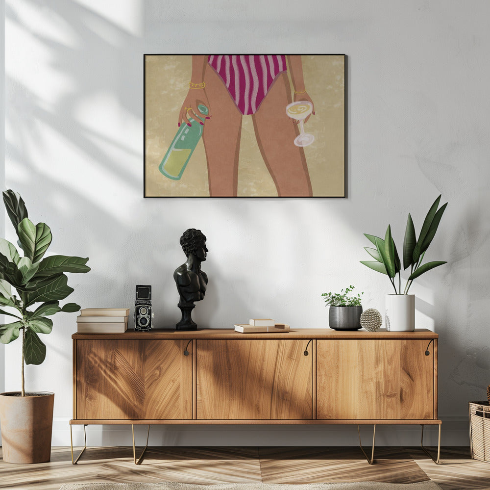 Plakat - Girl with wine at the beach