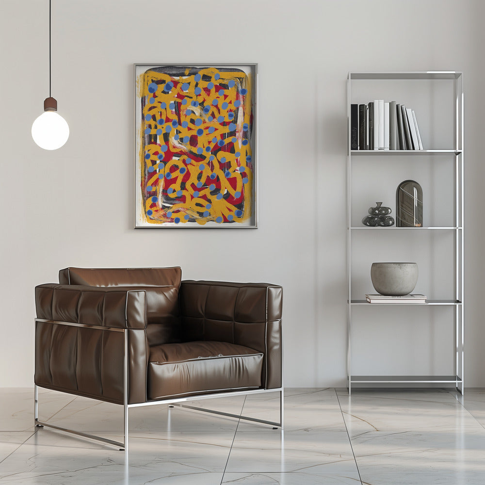 Poster - Yellow dotted line art abstract blue polka dot