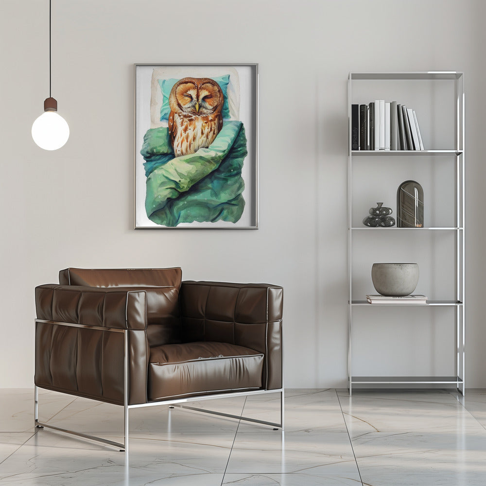 Plakat - Animal Watercolor Art Bird Sleeping Owl - Justyna Jaszke