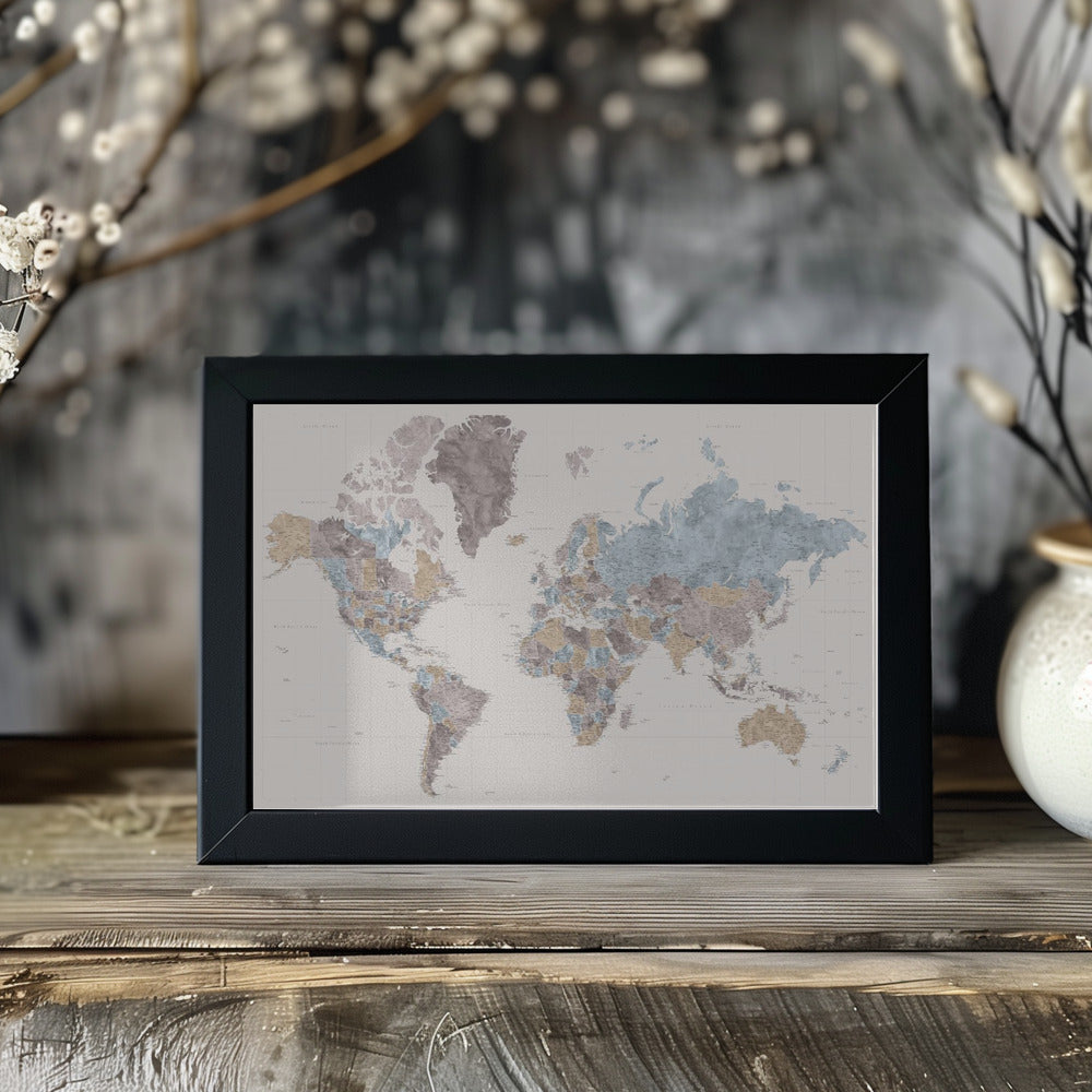 Plakat - Mahler highly detailed world map with cities