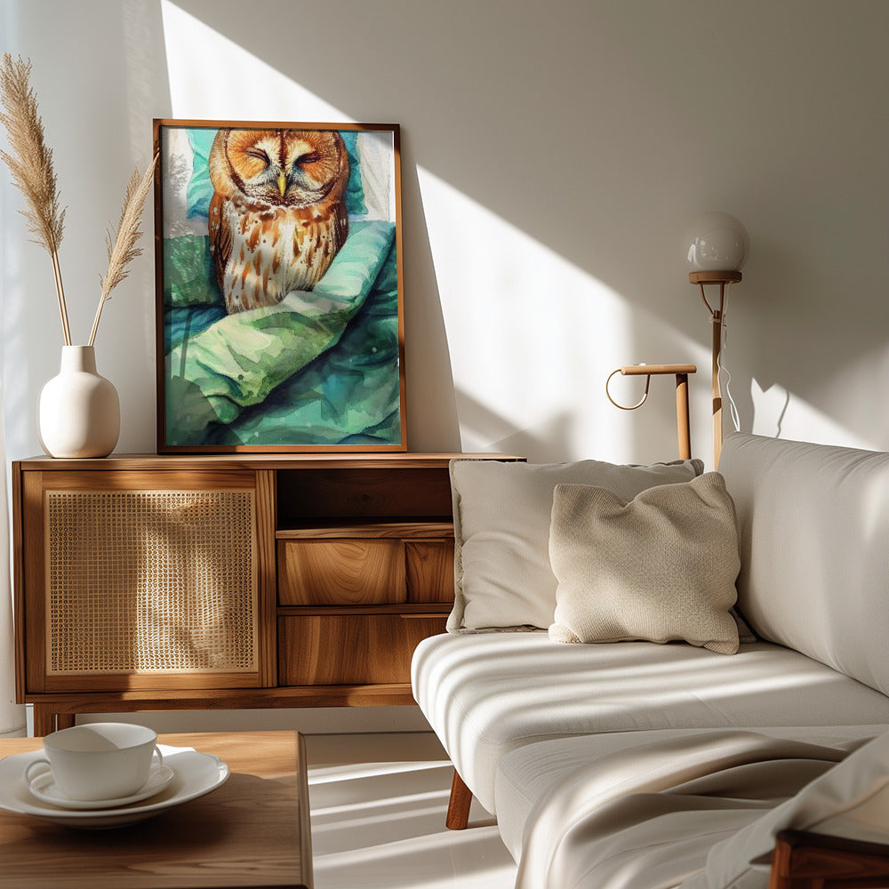 Plakat - Animal Watercolor Art Bird Sleeping Owl - Justyna Jaszke
