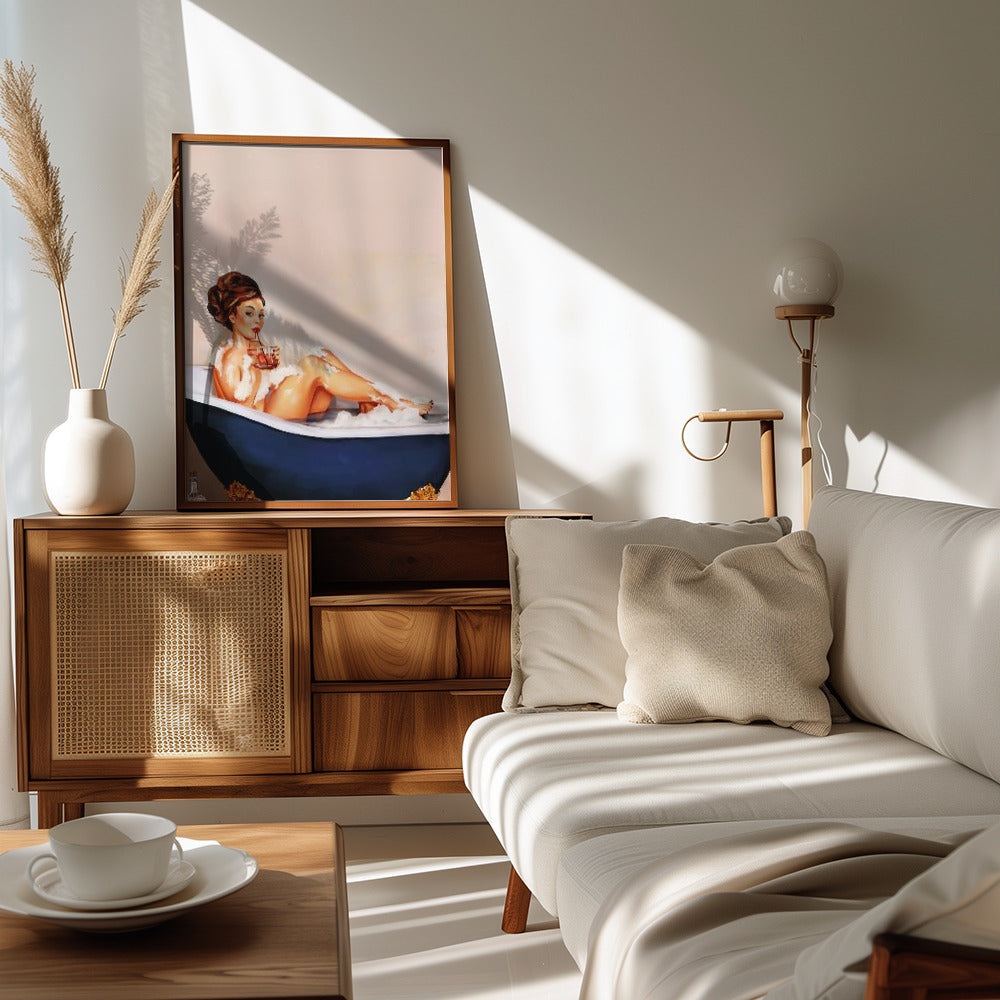 Poster - Bathtub Drinks: Pinup Girl Drinking In Bathroom
